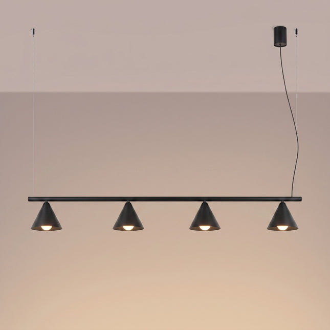 Suspension Bergen Poutre 4 Cônes 122 cm en Acier Noire, lumière allumée