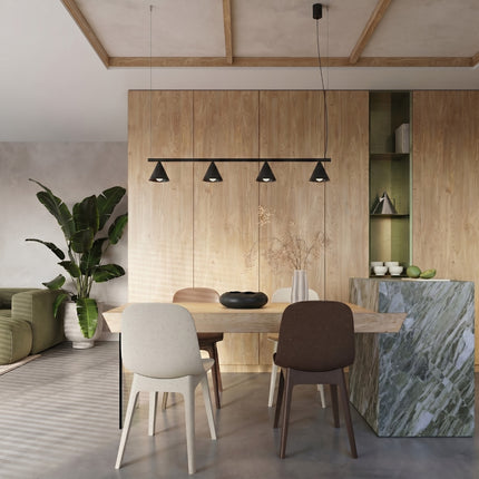 Suspension Bergen Poutre 4 Cônes 122 cm en Acier Noire, mise en situation