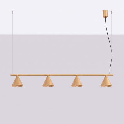 Suspension Bergen poutre 4 cônes 122 cm or, vue en situation sur fond clair