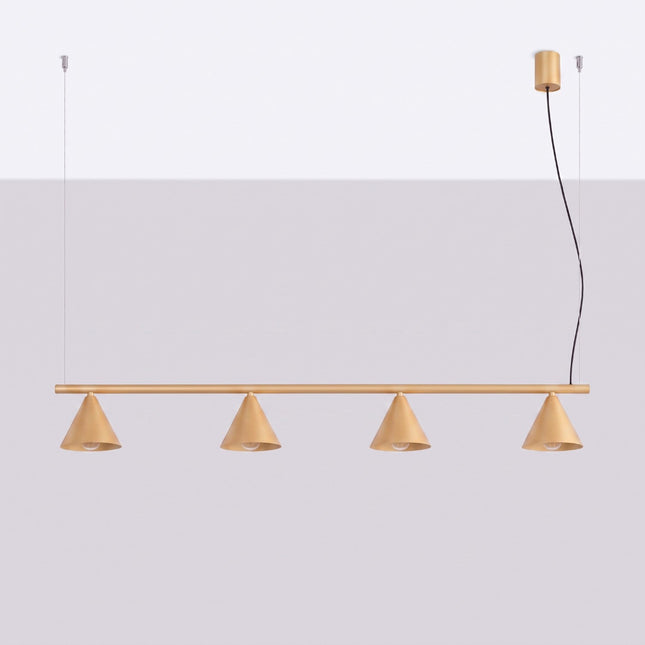 Suspension Bergen poutre 4 cônes 122 cm or, vue en situation sur fond clair