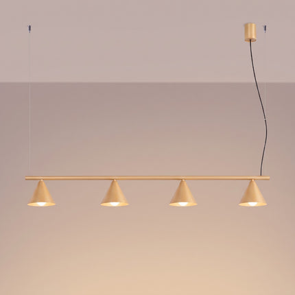 Suspension Bergen poutre 4 cônes 122 cm or, lumière allumée