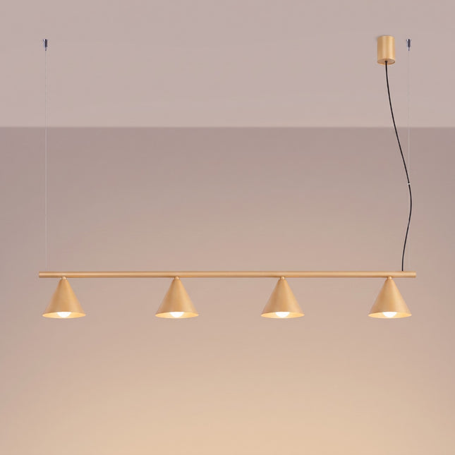 Suspension Bergen poutre 4 cônes 122 cm or, lumière allumée
