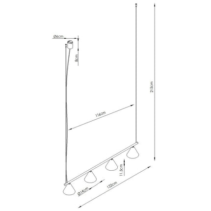 Schéma de cotes du modèle suspension bergen poutre 4 cônes 122 cm or
