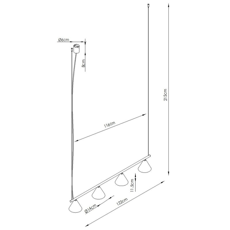 Dimensions Suspension Bergen Poutre 4 Cônes 122 cm en Acier Or
