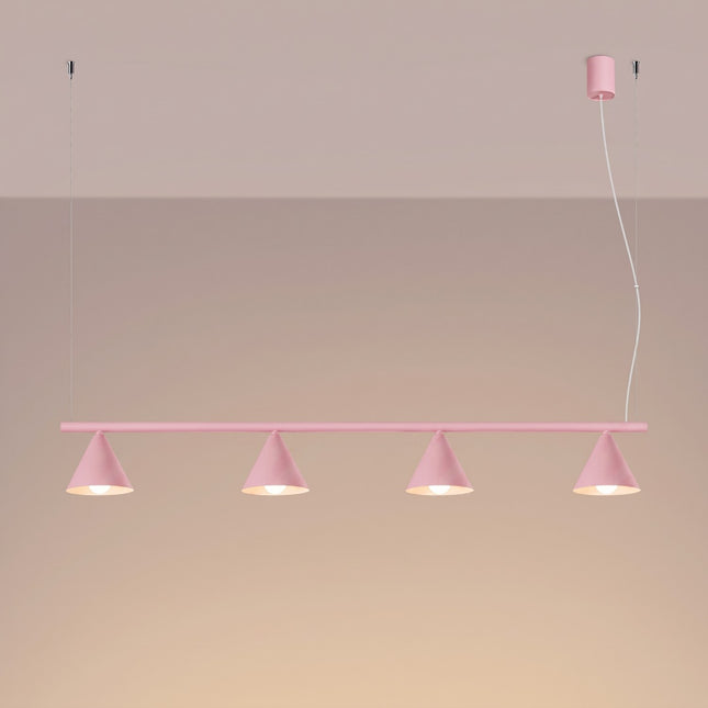 Suspension Bergen poutre 4 cônes 122 cm rose poudré, lumière allumée