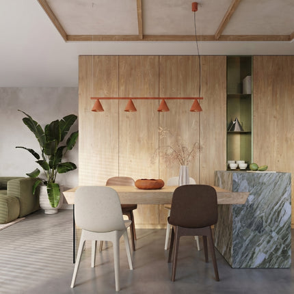 Suspension Bergen Poutre 4 Cônes 122 cm en Acier Rouge Ocre, mise en situation