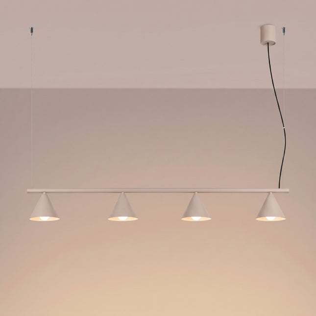 Suspension Bergen poutre 4 cônes 122 cm taupe, lumière allumée