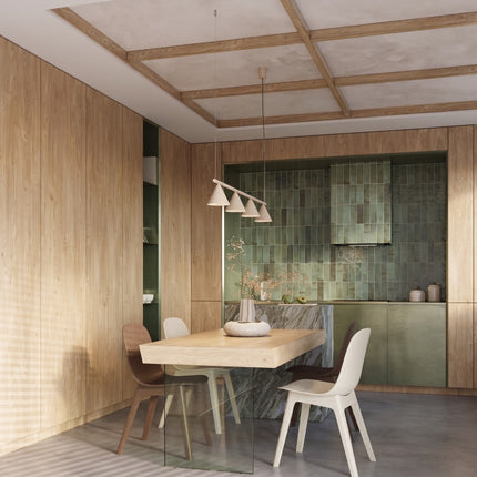 Suspension Bergen poutre 4 cônes 122 cm taupe au-dessus d'une table