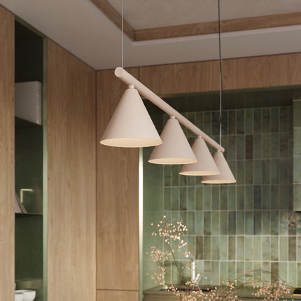Suspension Bergen poutre 4 cônes 122 cm taupe dans un intérieur contemporain