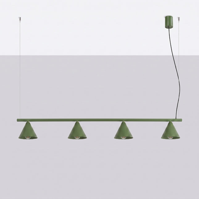 Suspension Bergen Poutre 4 Cônes 122 cm en Acier Vert Olive, vue en situation