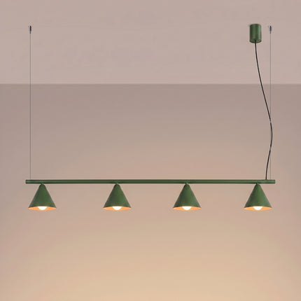Suspension Bergen Poutre 4 Cônes 122 cm en Acier Vert Olive, lumière allumée