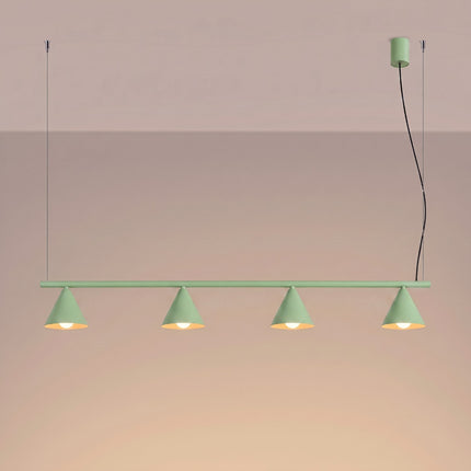 Suspension Bergen poutre 4 cônes 122 cm vert sauge, lumière allumée