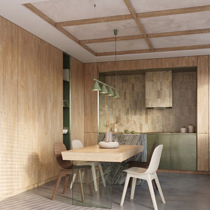 Suspension Bergen poutre 4 cônes 122 cm vert sauge au-dessus d'une table