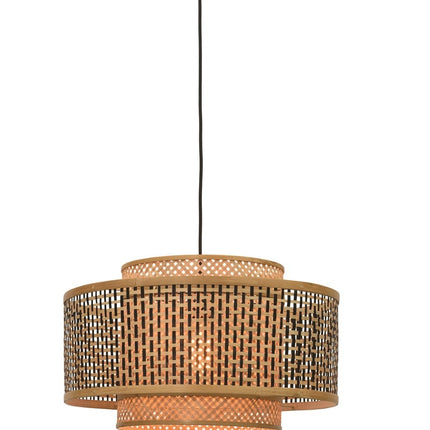 Suspension Bhutan en bambou tressé naturel et noir sur fond blanc, double abat-jour cylindrique et câble textile noir