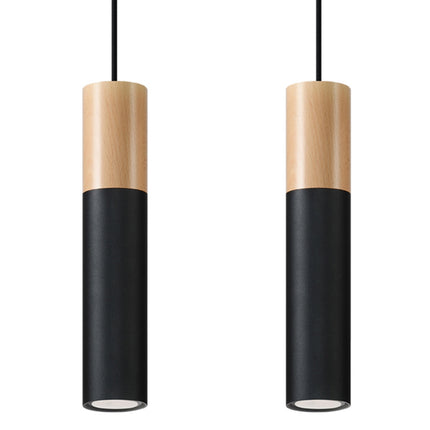 Suspension Bicolore 2 noire, têtes en bois naturel et acier noir