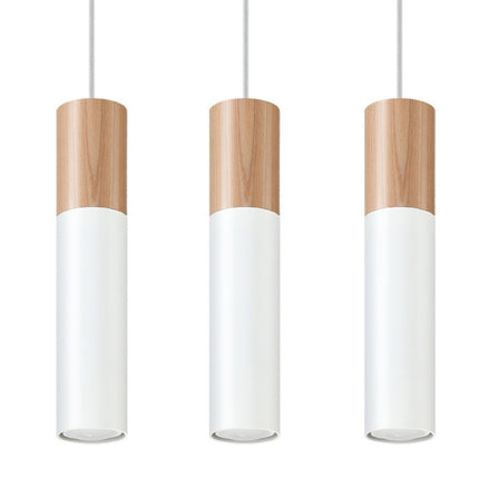 Suspension Bicolore 3 blanche, têtes en bois naturel et acier blanc