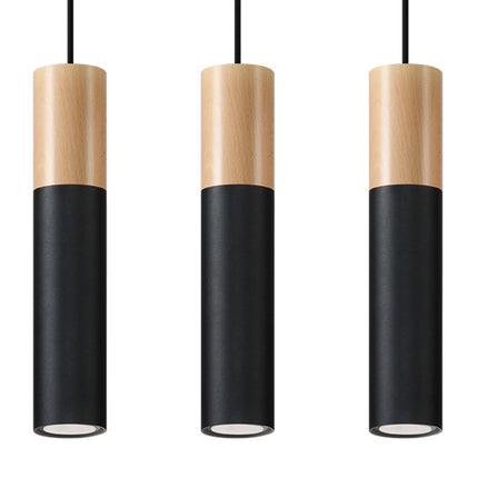 Suspension Bicolore 3 noire, têtes en bois naturel et acier noir