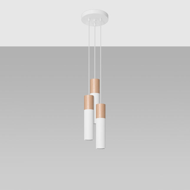 Vue rapprochée des trois cylindres blancs et bois de la suspension Bicolore 3P