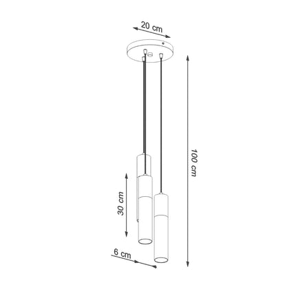 Schéma des dimensions de la suspension Bicolore 3P, embase, hauteur et cylindres