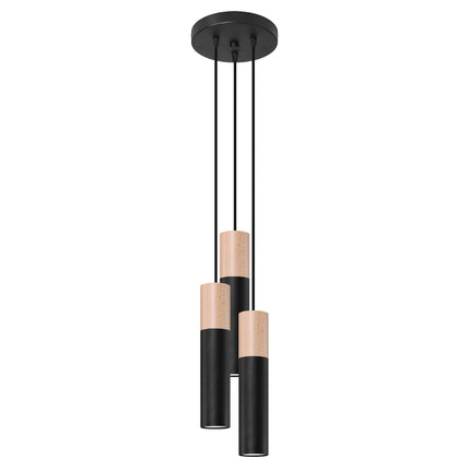 Suspension 3 lampes Bicolore acier noir et bois naturel, packshot sur fond neutre