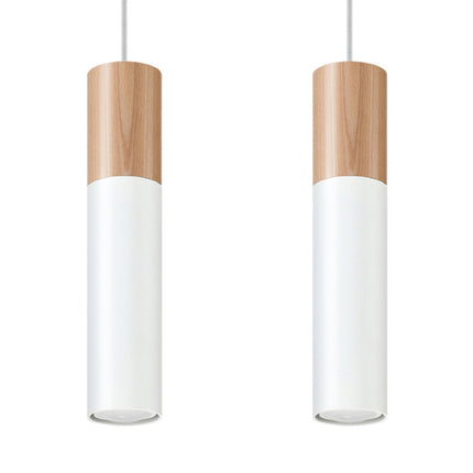 Suspension Bicolore 2, tête en bois naturel et corps cylindrique en acier blanc, packshot sur fond blanc