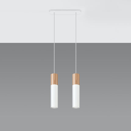 Suspension Bicolore bois et acier blanc, deux abat-jour cylindriques fixés au plafond sur plaque commune
