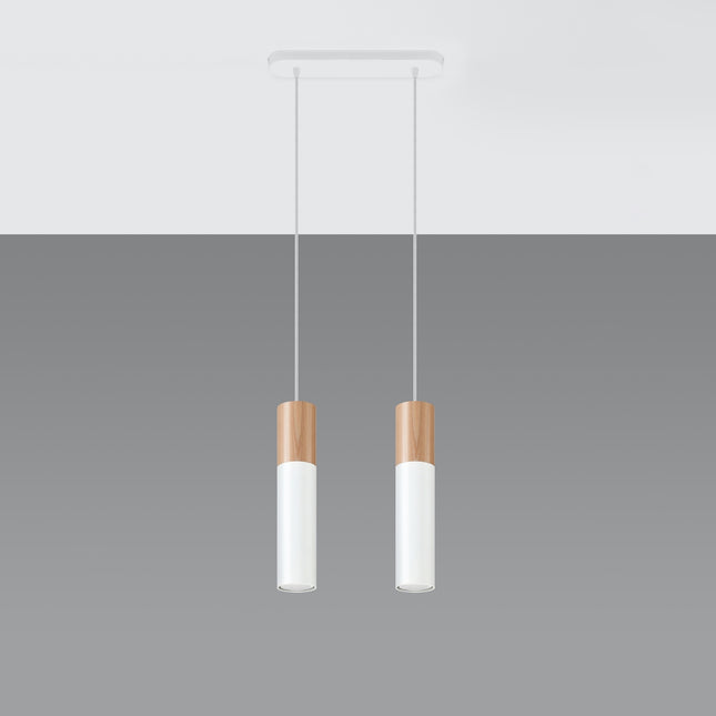 Suspension Bicolore bois et acier blanc, deux abat-jour cylindriques fixés au plafond sur plaque commune