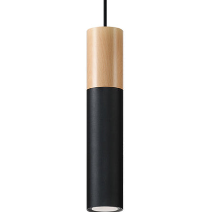 Suspension Bicolore noire, tête en bois naturel et acier noir