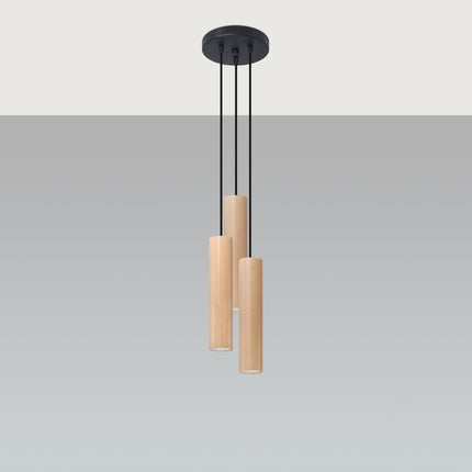 Suspension bois circulaire 3 lumières vue de profil, cylindres naturels et câbles noirs cascade