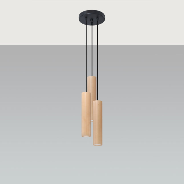 Suspension bois circulaire 3 lumières vue de profil, cylindres naturels et câbles noirs cascade