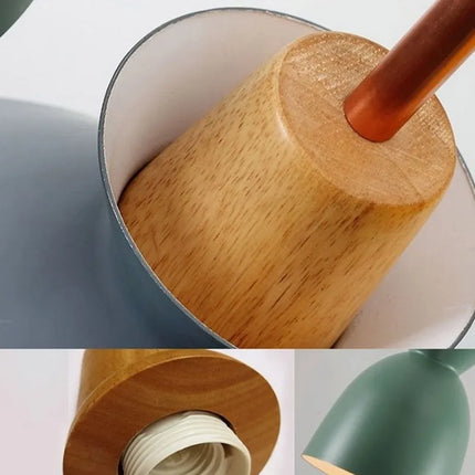 Colorful bowl pendant light above a table