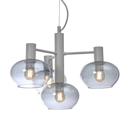 Suspension Bologna 4 bras, globes en verre soufflé gris clair dégradé, structure métal, fond blanc