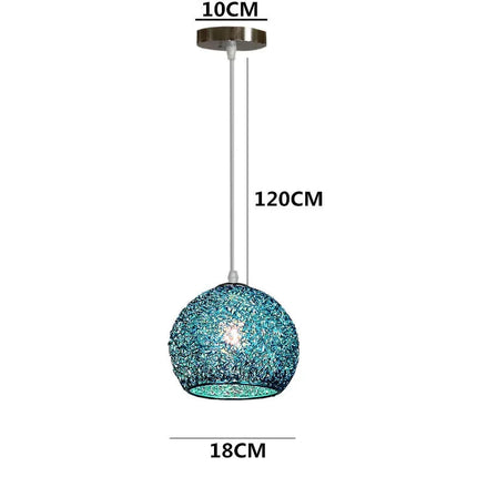 Schéma des dimensions de la suspension boule bleue, abat-jour 18 cm et câble 120 cm