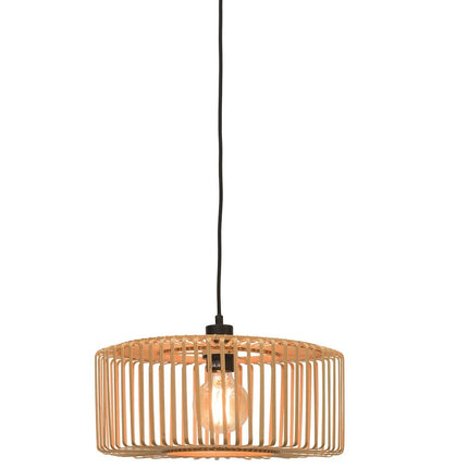 Suspension Bromo en bambou naturel, abat-jour rond suspendu par un câble textile noir, sur fond blanc
