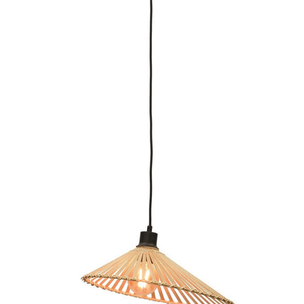 Suspension Bromo en bambou naturel sur fond blanc, abat-jour conique et câble textile noir suspendus