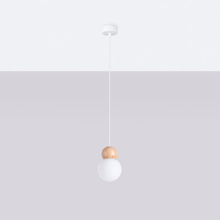 Suspension Bulbe Bois 1 Blanc/Bois Naturel allumée, ampoule visible