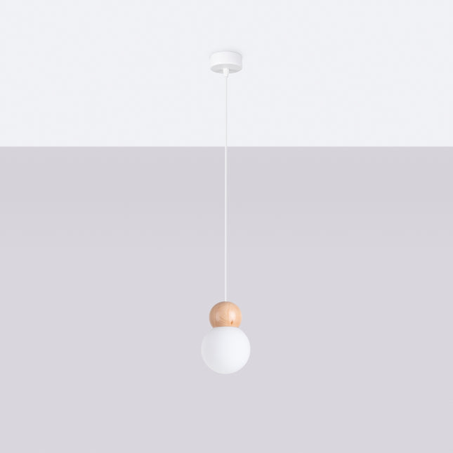 Suspension Bulbe Bois 1 Blanc/Bois Naturel allumée, ampoule visible