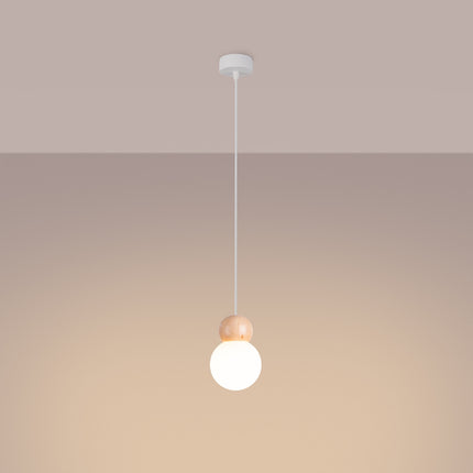 Suspension Bulbe Bois 1 Blanc/Bois Naturel, vue d'angle