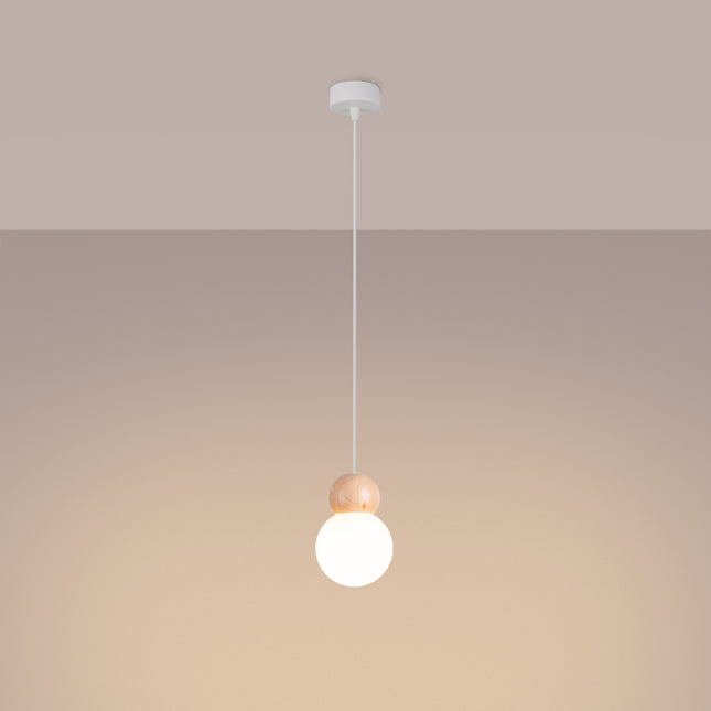 Suspension Bulbe Bois 1 Blanc/Bois Naturel, vue d'angle