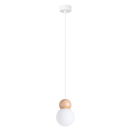 Suspension Bulbe Bois 1 Blanc/Bois Naturel, câble blanc, éteinte