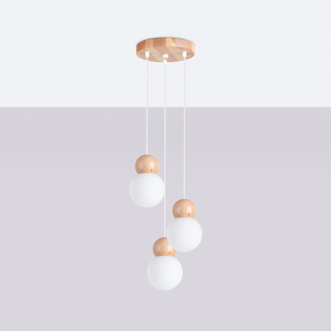 Suspension Bulbe Bois 3 en Cascade allumée, ampoules visibles