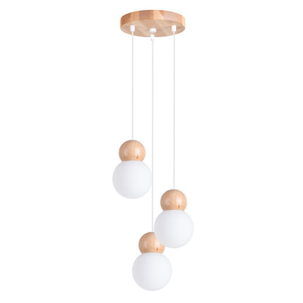 Suspension Bulbe Bois 3 en Cascade Blanc/Bois Naturel, rosace en bois, éteinte