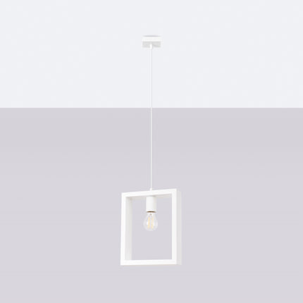 Suspension Cadre Pure blanc, cadre carré et ampoule E27 centrale sur fond neutre