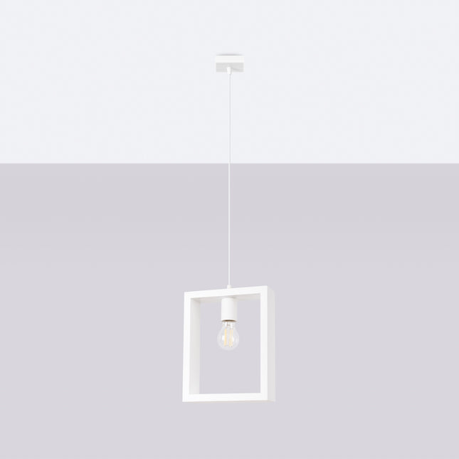 Suspension Cadre Pure blanc, cadre carré et ampoule E27 centrale sur fond neutre