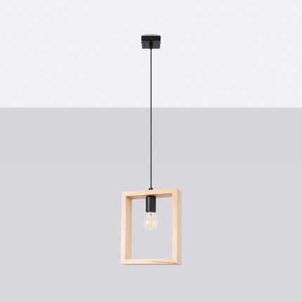 Suspension Cadre Pure bois naturel, cadre carré et ampoule E27 centrale sur fond neutre