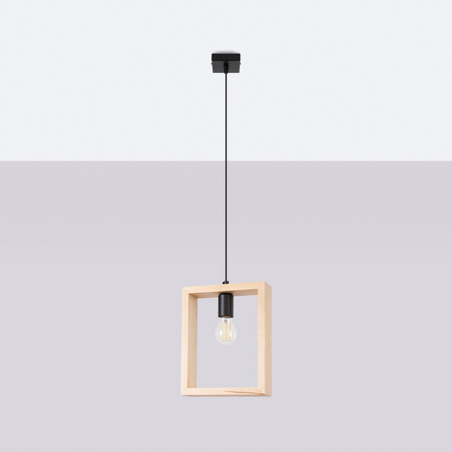 Suspension Cadre Pure bois naturel, cadre carré et ampoule E27 centrale sur fond neutre