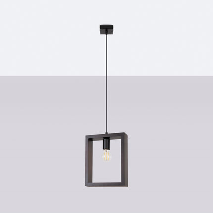 Suspension Cadre Pure wengé noir, cadre carré et ampoule E27 centrale sur fond neutre
