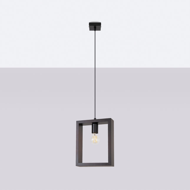 Suspension Cadre Pure wengé noir, cadre carré et ampoule E27 centrale sur fond neutre