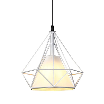 Suspension cage diamant filaire blanche avec abat-jour tissu intérieur, sur fond clair