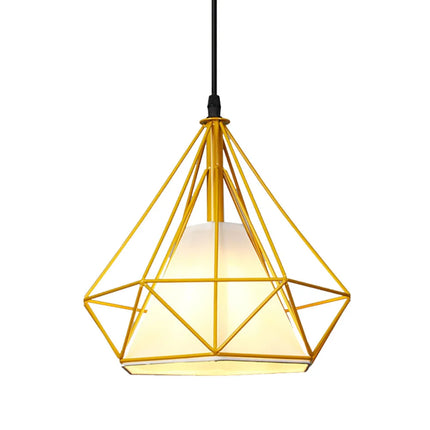 Suspension cage diamant filaire dorée avec abat-jour tissu intérieur, sur fond clair
